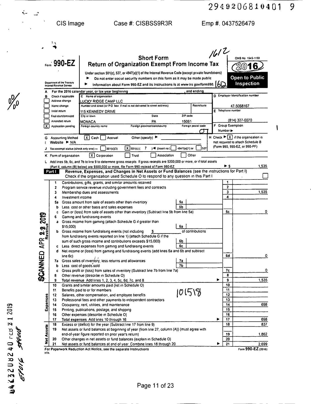 Image of first page of 2016 Form 990EO for Lucky Ridge Camp (LLC)