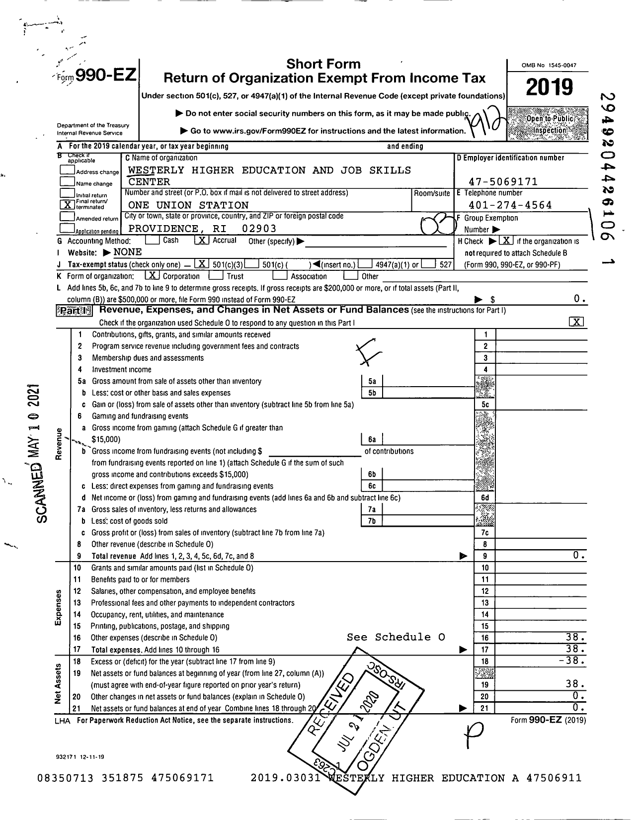 Image of first page of 2019 Form 990EZ for Westerly Higher Education and Job Skills Center