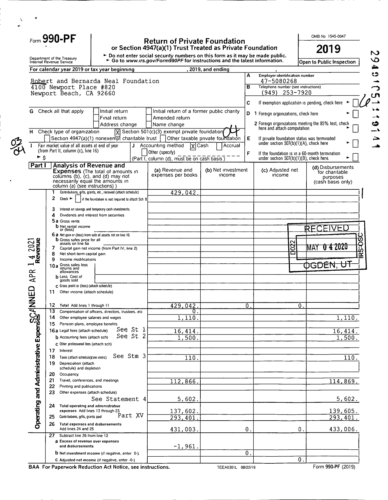 Image of first page of 2019 Form 990PF for Robert and Bernarda Neal Foundation