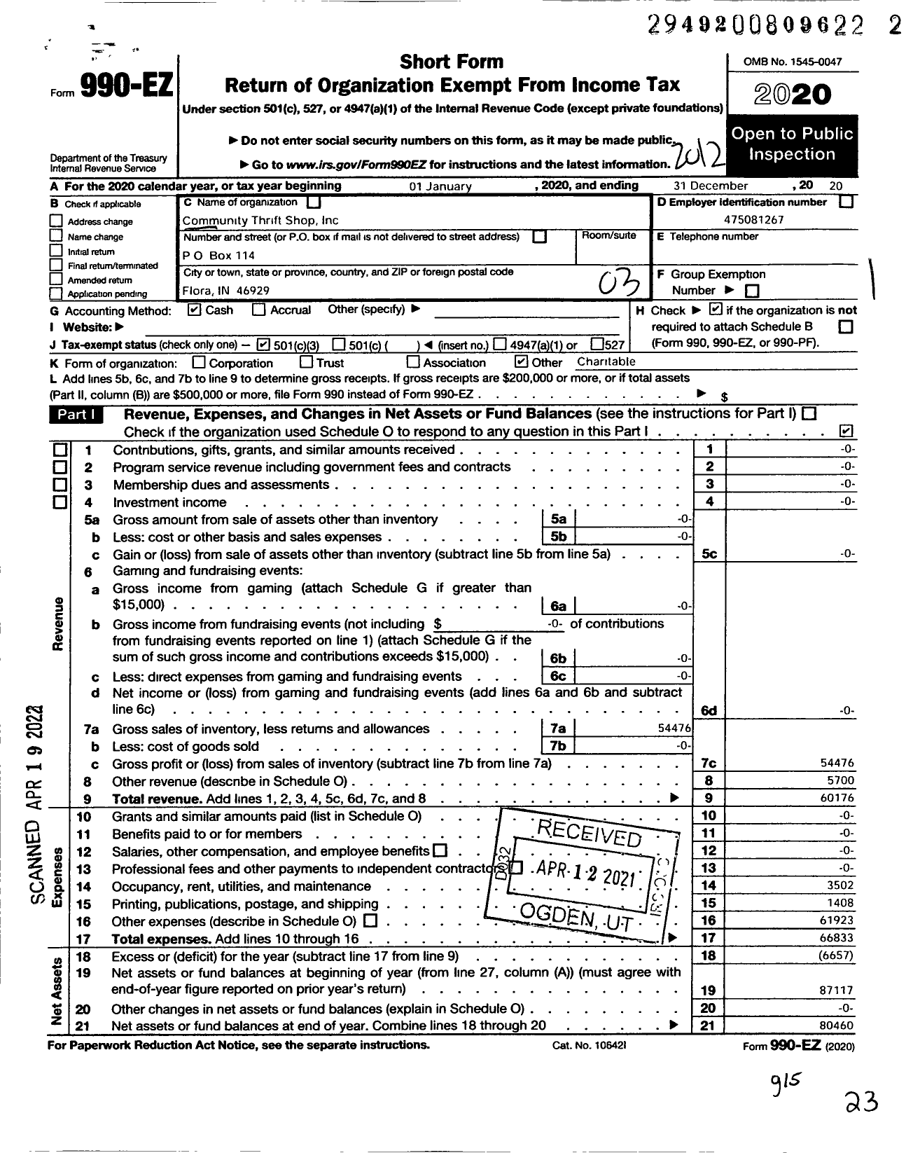 Image of first page of 2020 Form 990EZ for Community Thrift Shop