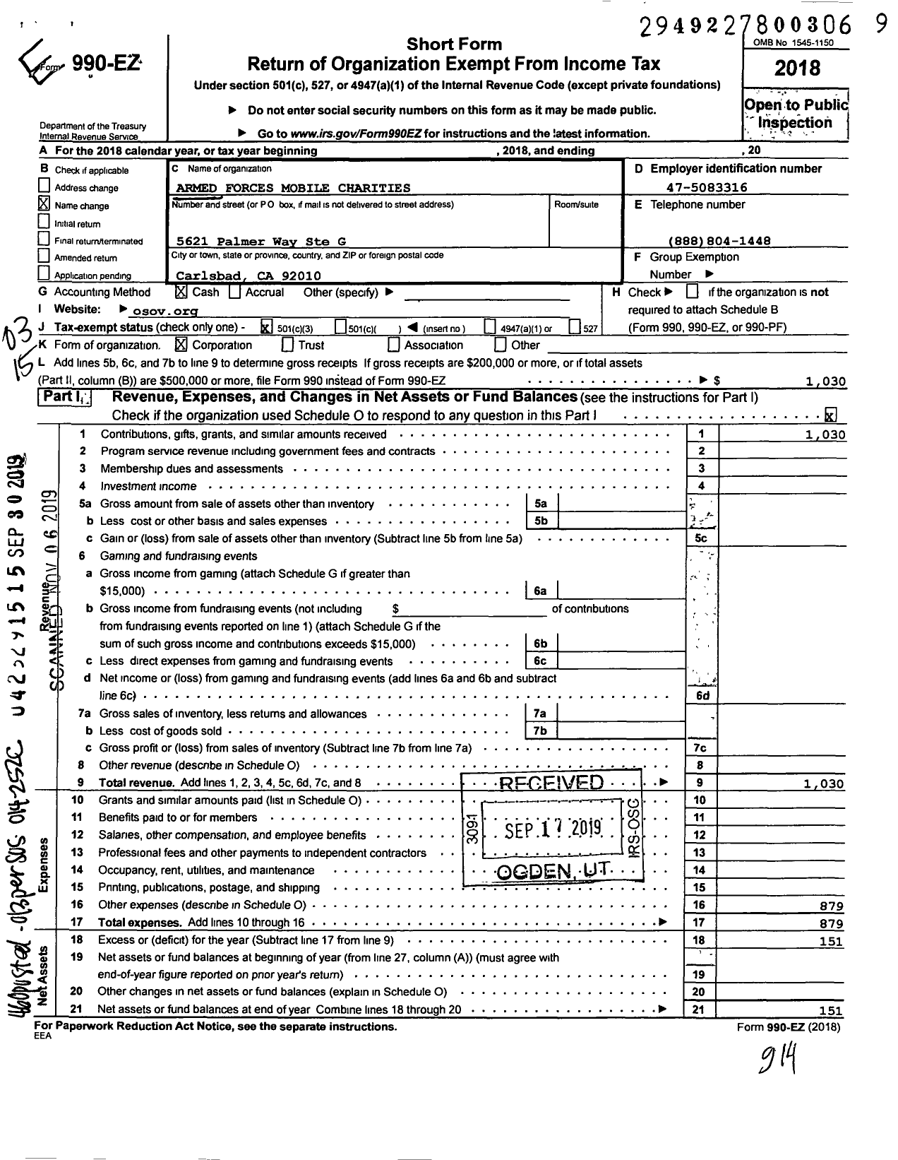 Image of first page of 2018 Form 990EZ for Armed Forces Mobile Charities