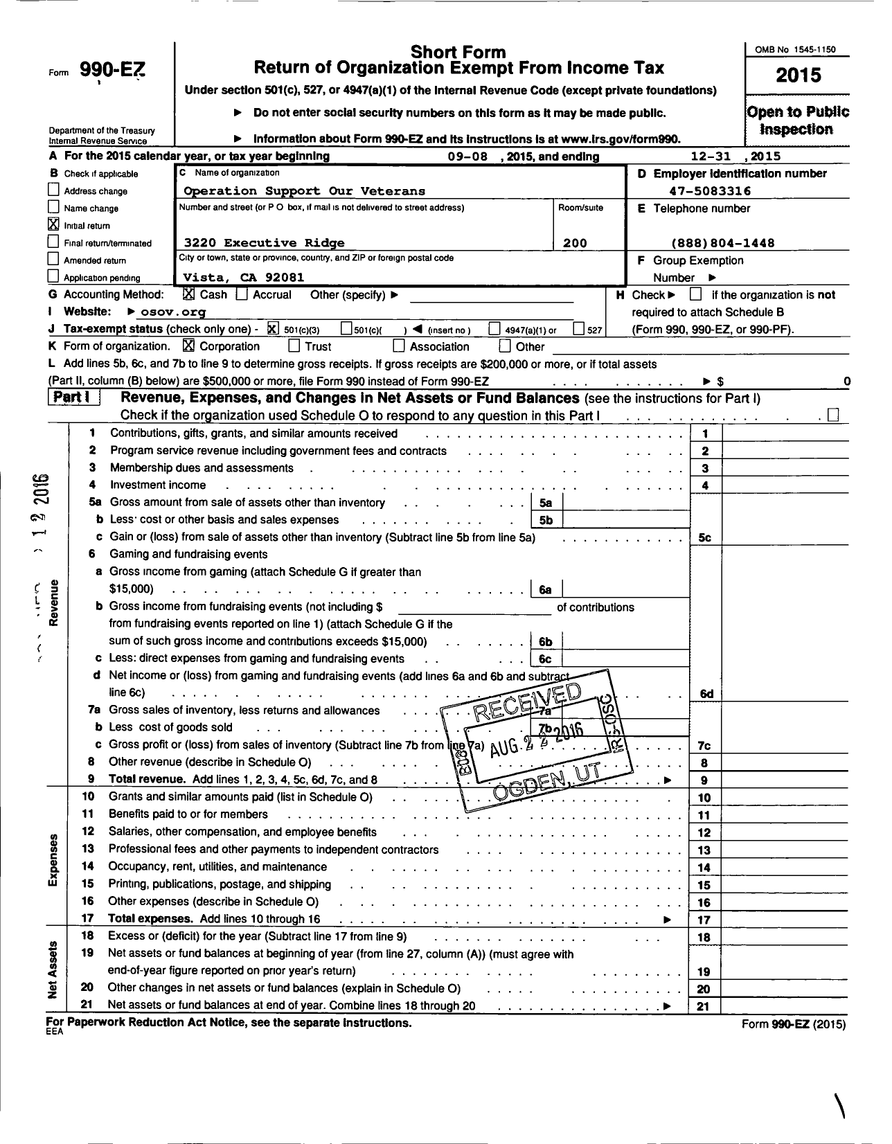 Image of first page of 2015 Form 990EZ for Armed Forces Mobile Charities