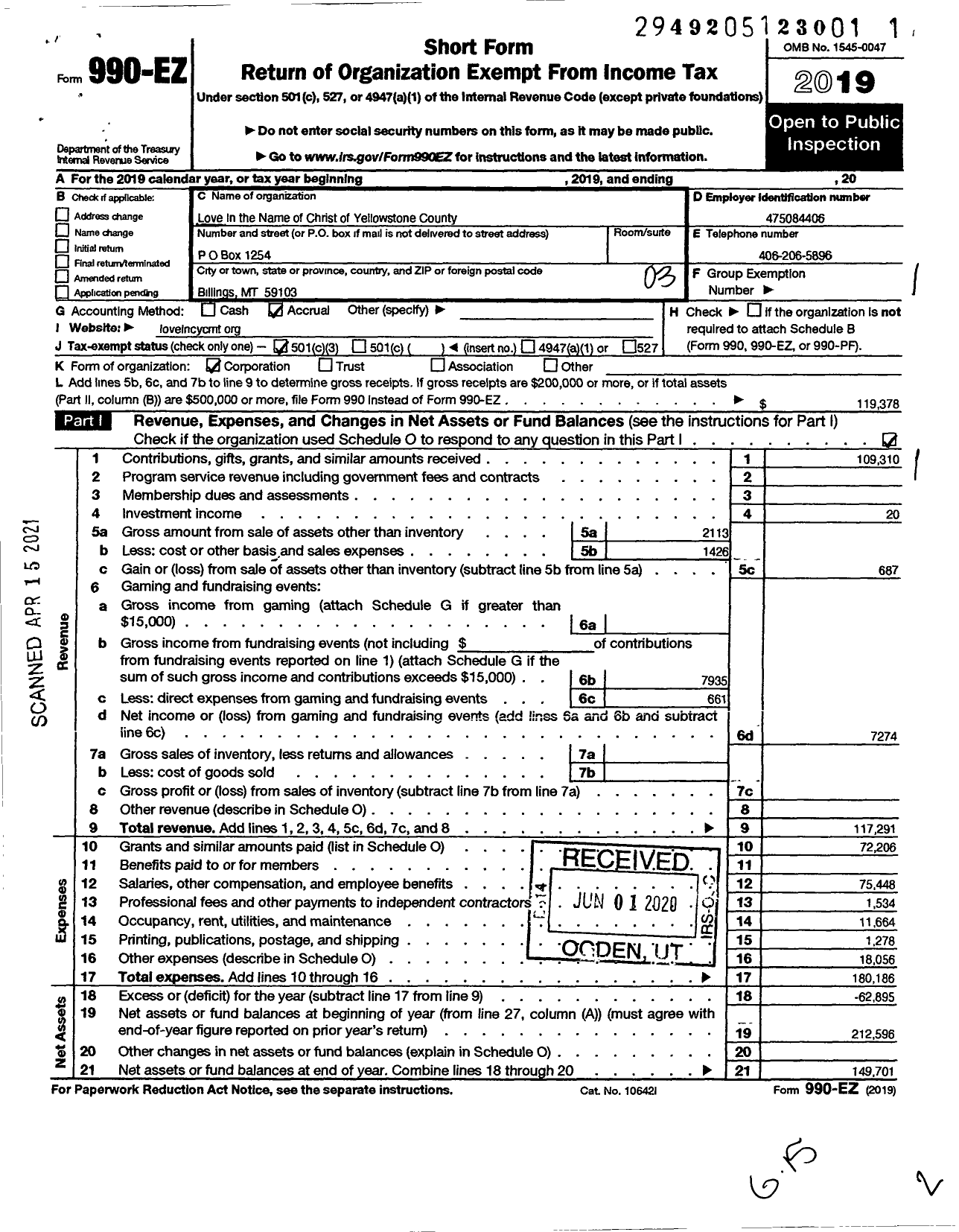 Image of first page of 2019 Form 990EZ for Love Yellowstone County