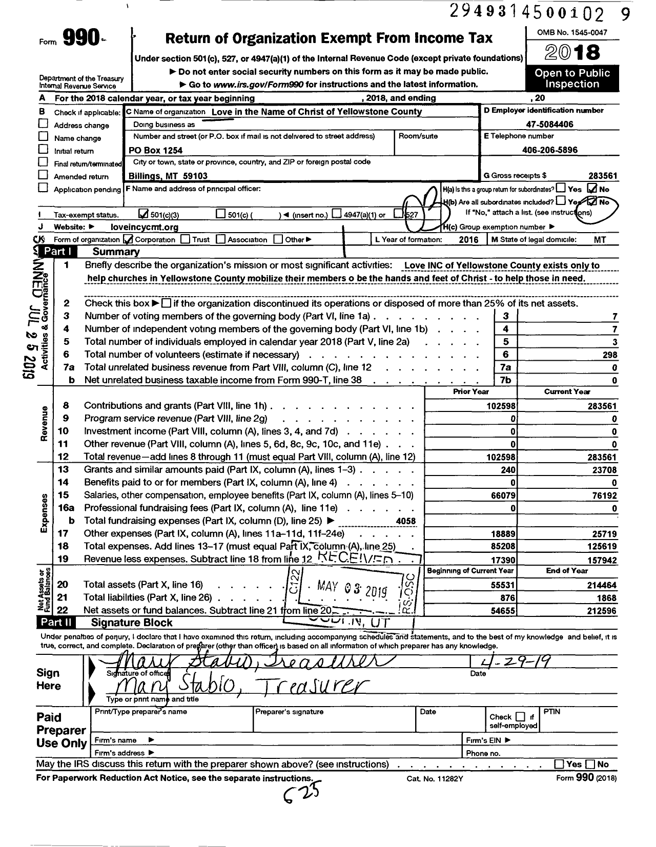 Image of first page of 2018 Form 990 for Love Yellowstone County