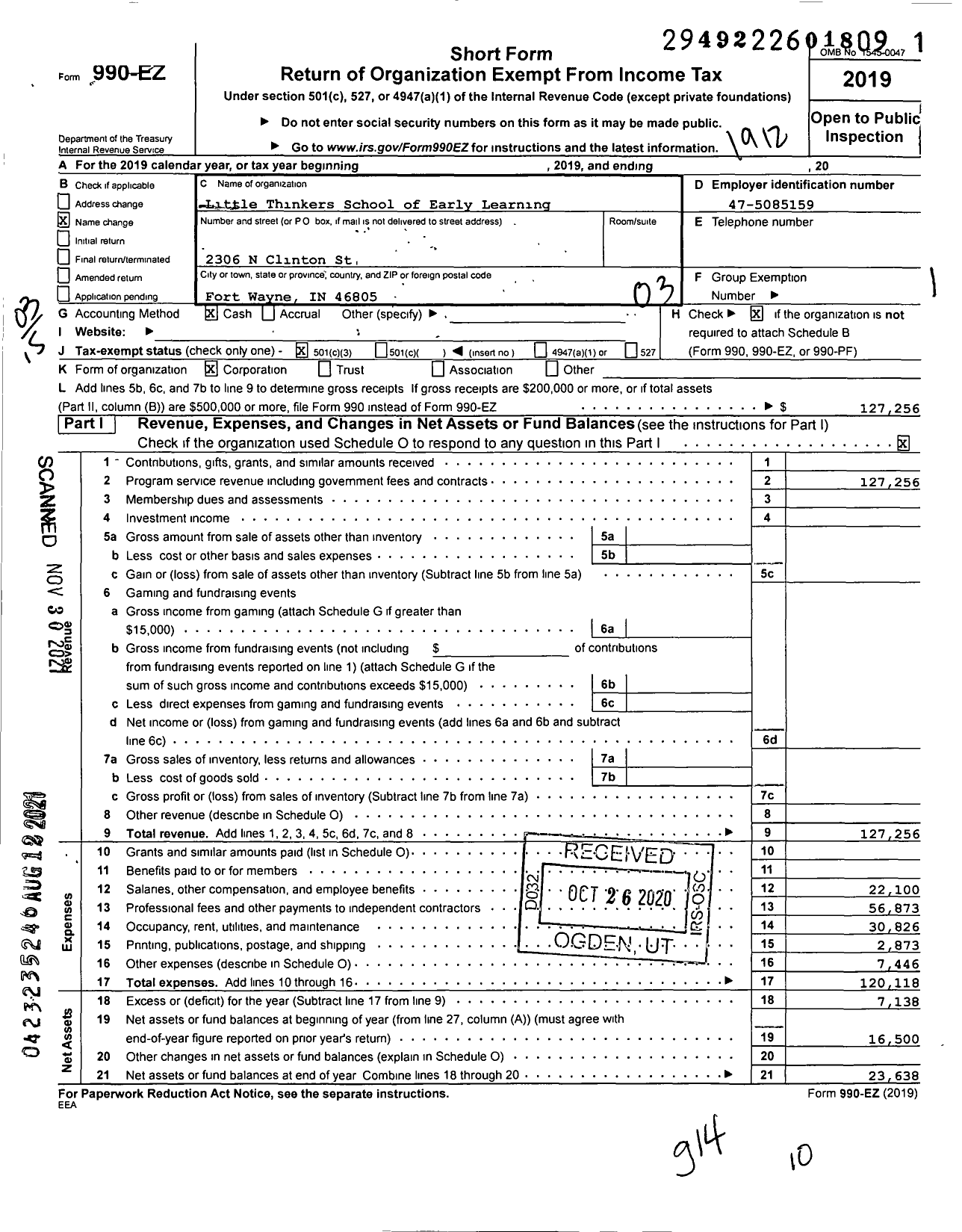 Image of first page of 2019 Form 990EZ for Little Thinkers