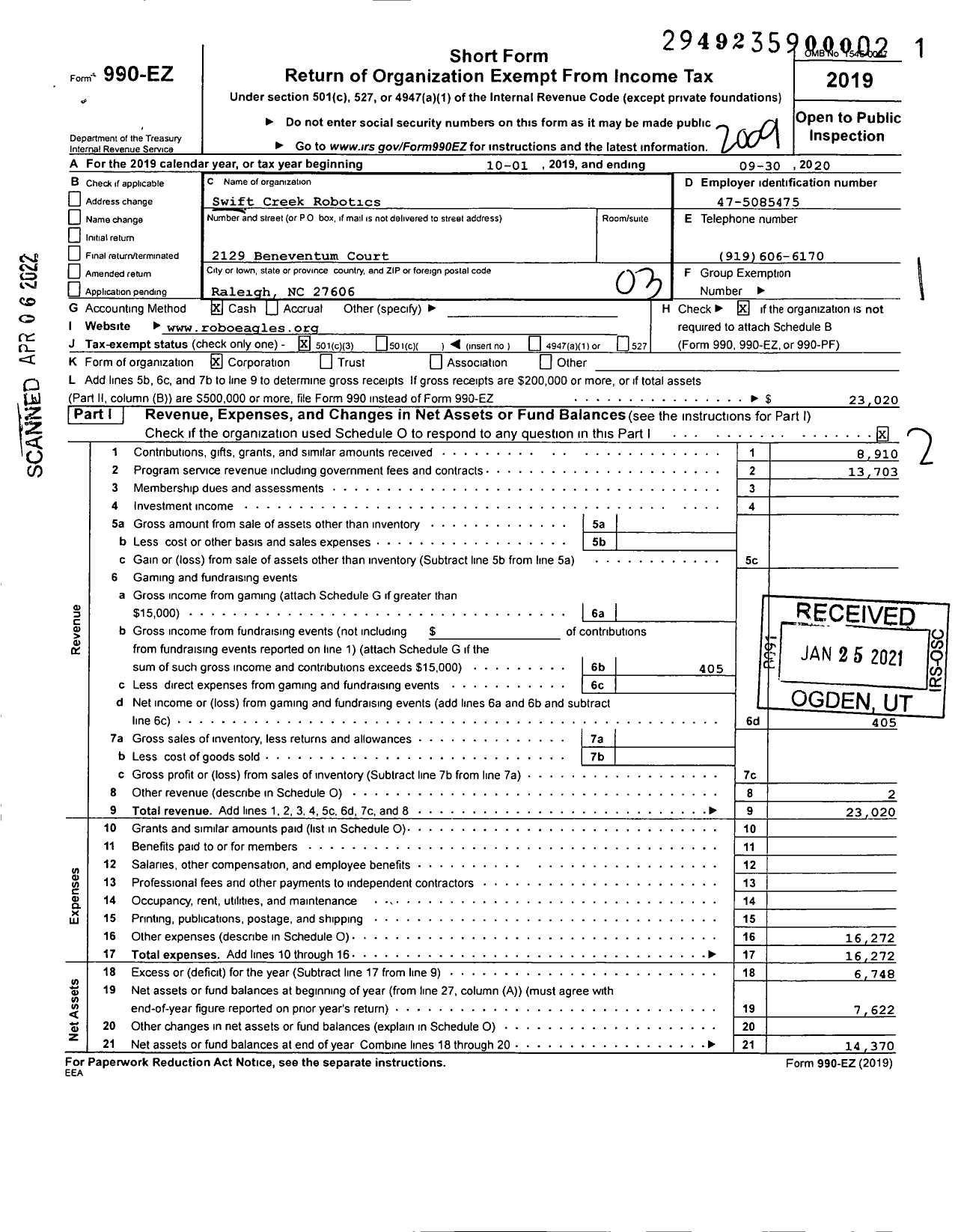 Image of first page of 2019 Form 990EZ for Swift Creek Robotics