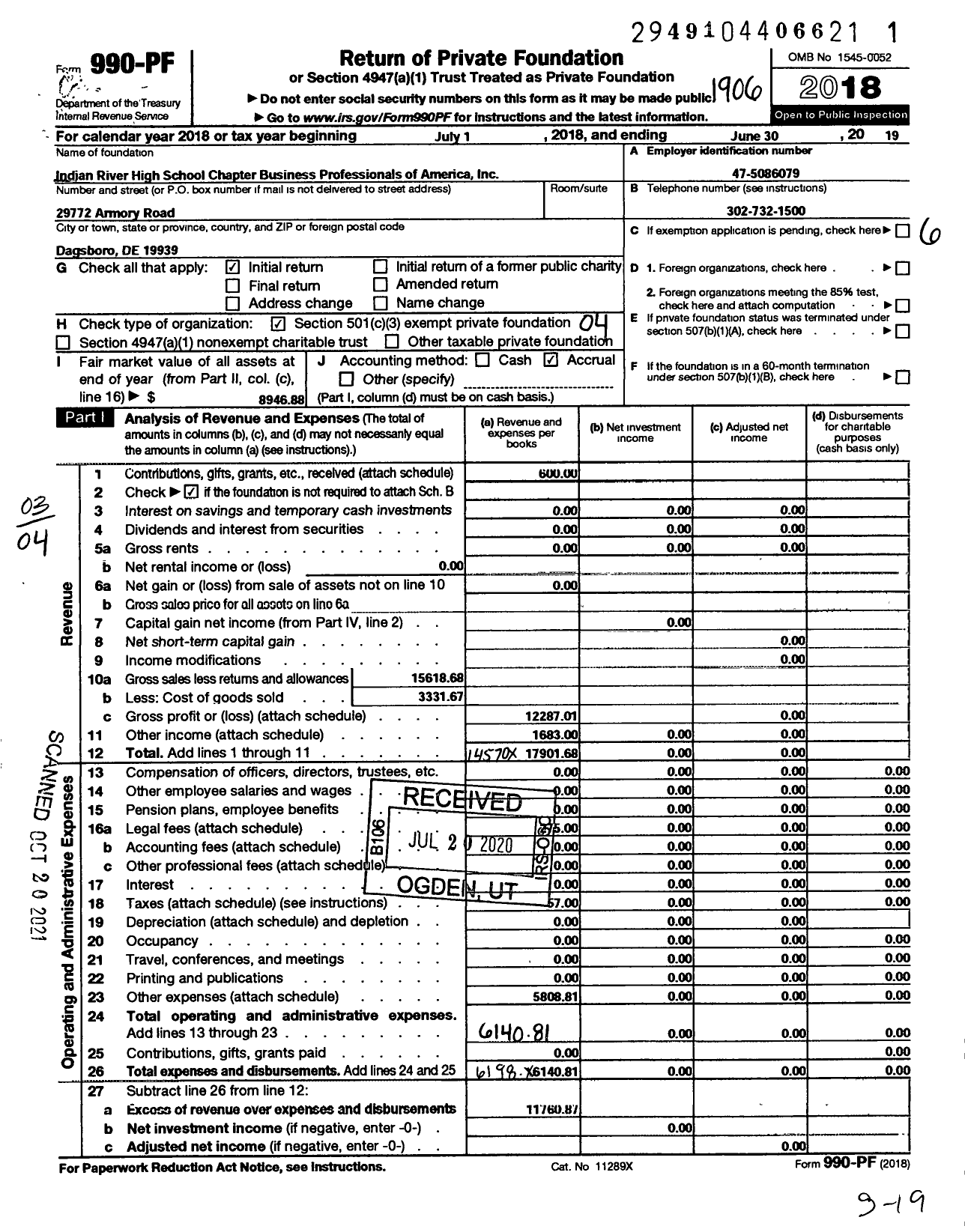 Image of first page of 2018 Form 990PF for Indian River High School Chapter - Business Professionals of America