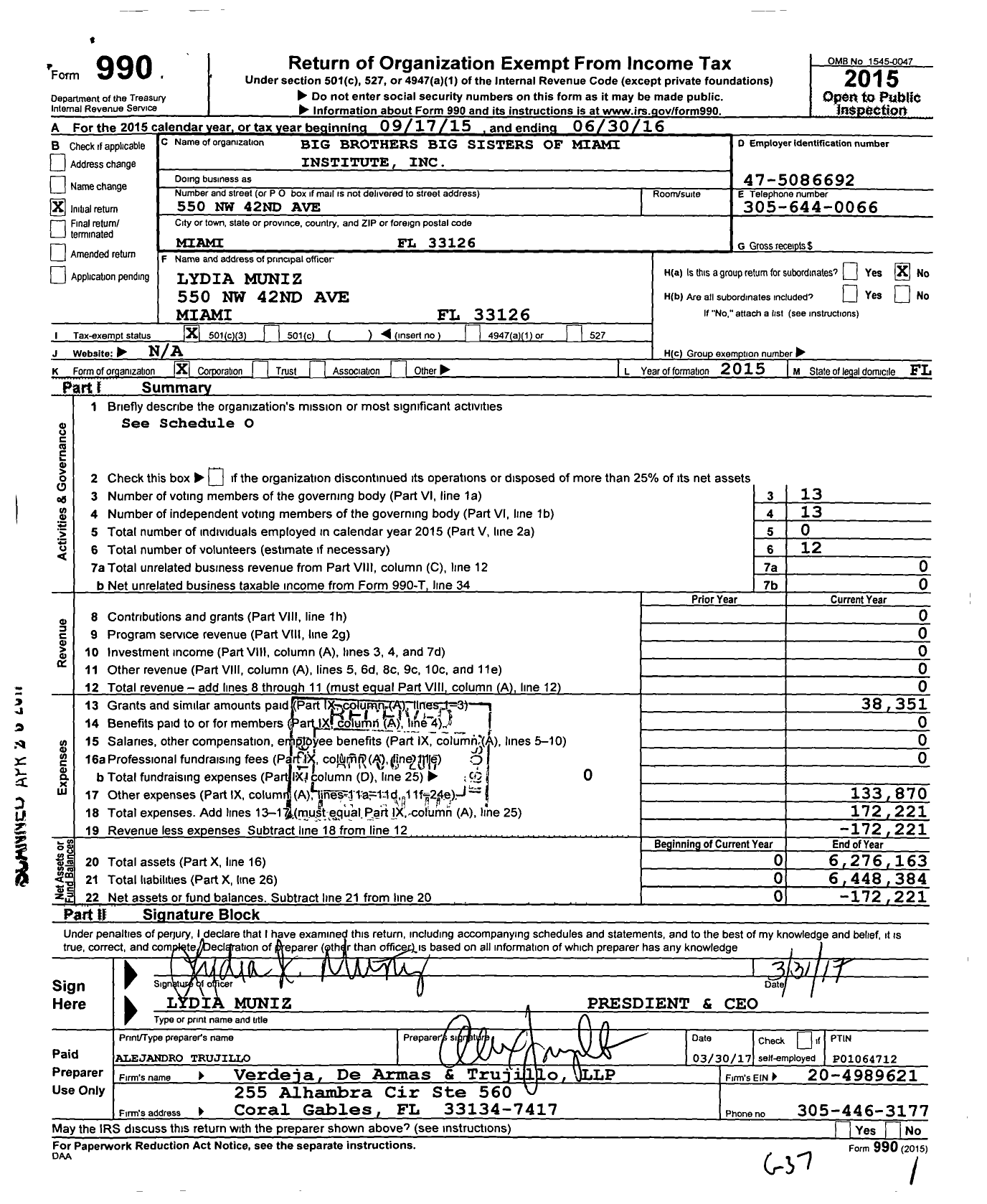 Image of first page of 2015 Form 990 for Big Brothers Big Sisters of Miami Institute