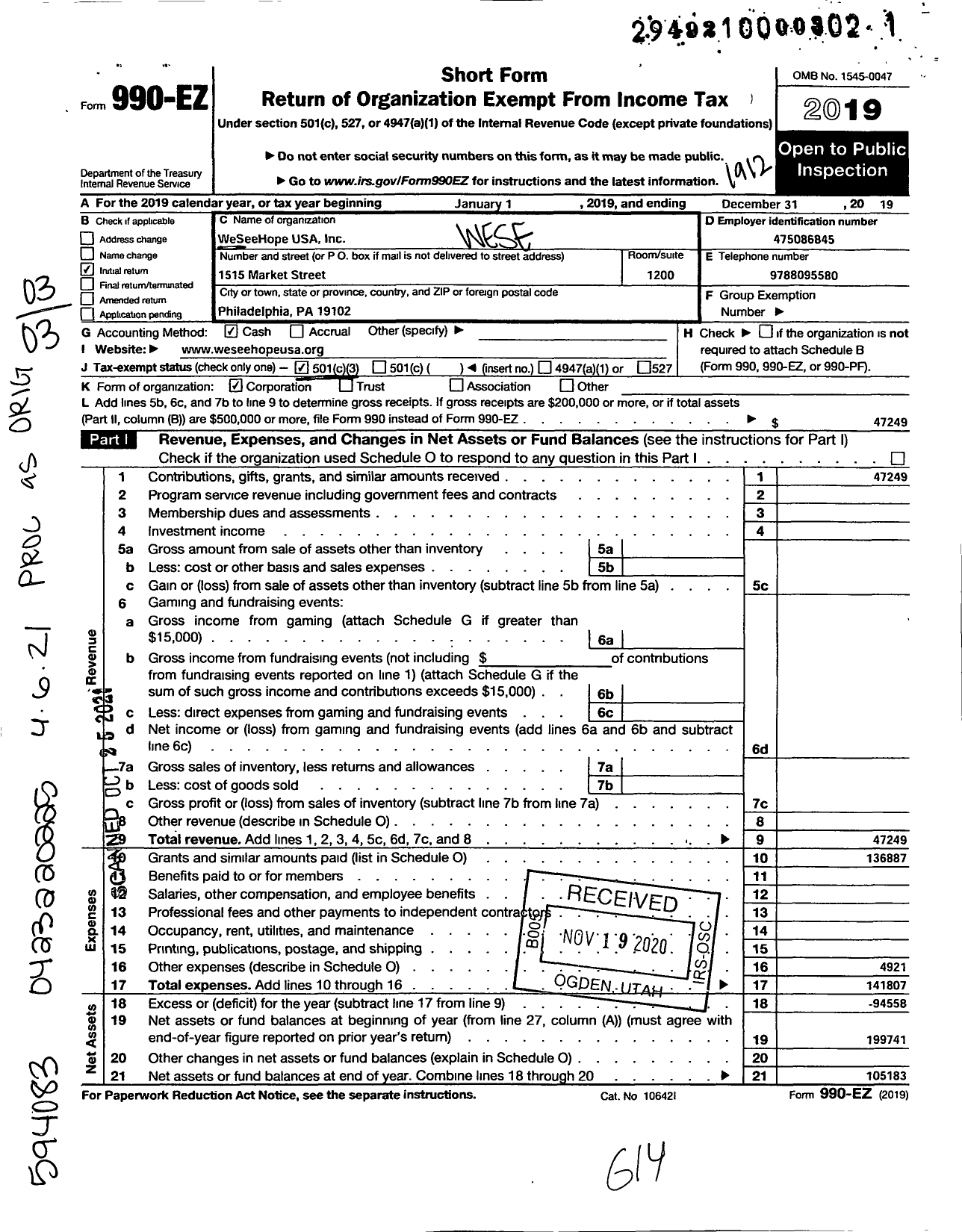 Image of first page of 2019 Form 990EZ for WeSeeHope USA