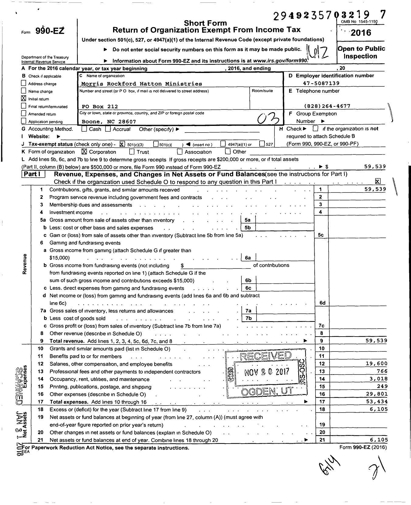 Image of first page of 2016 Form 990EZ for Morris Rockford Hatton Ministries