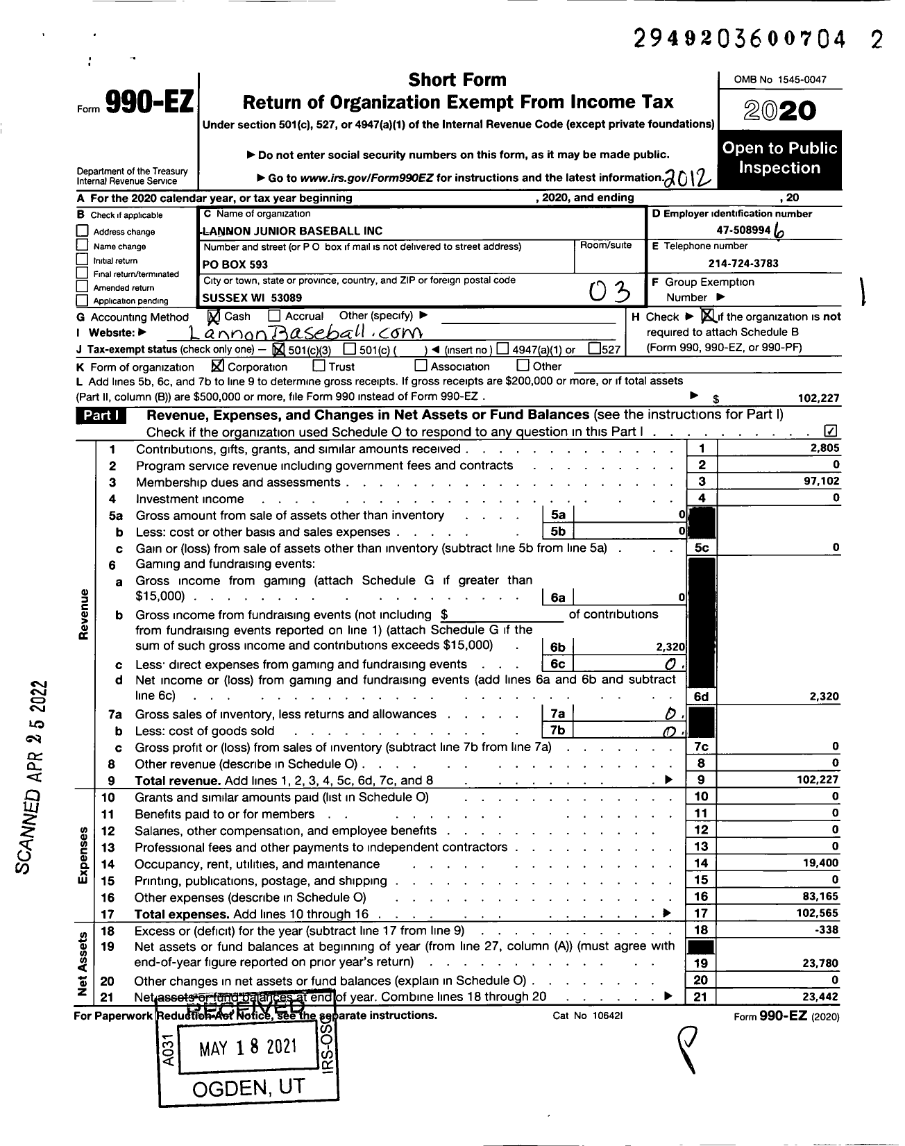 Image of first page of 2020 Form 990EZ for Lannon Junior Baseball