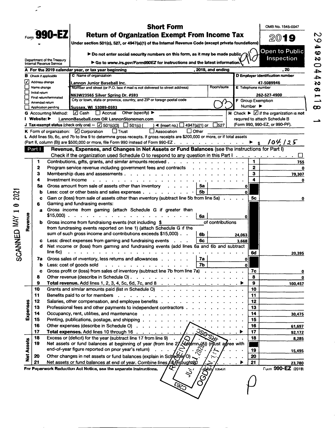 Image of first page of 2019 Form 990EZ for Lannon Junior Baseball