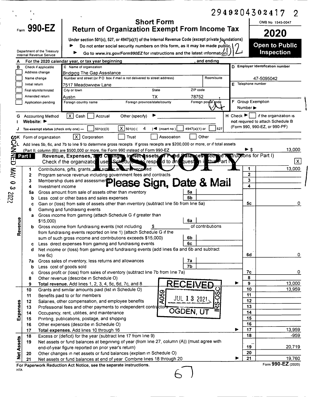 Image of first page of 2020 Form 990EO for Bridging the Gap Assistance