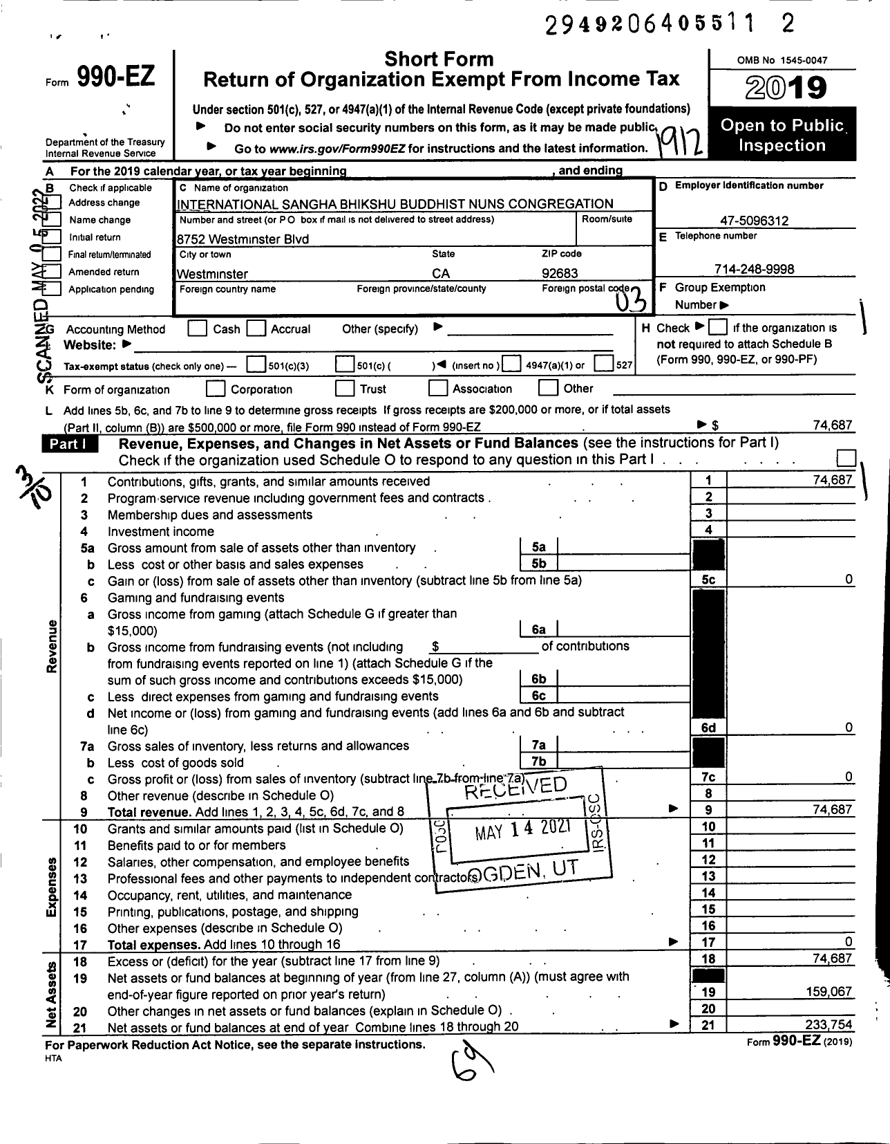 Image of first page of 2019 Form 990EZ for International Bhikshu Sanga Buddhist Nuns Congregation