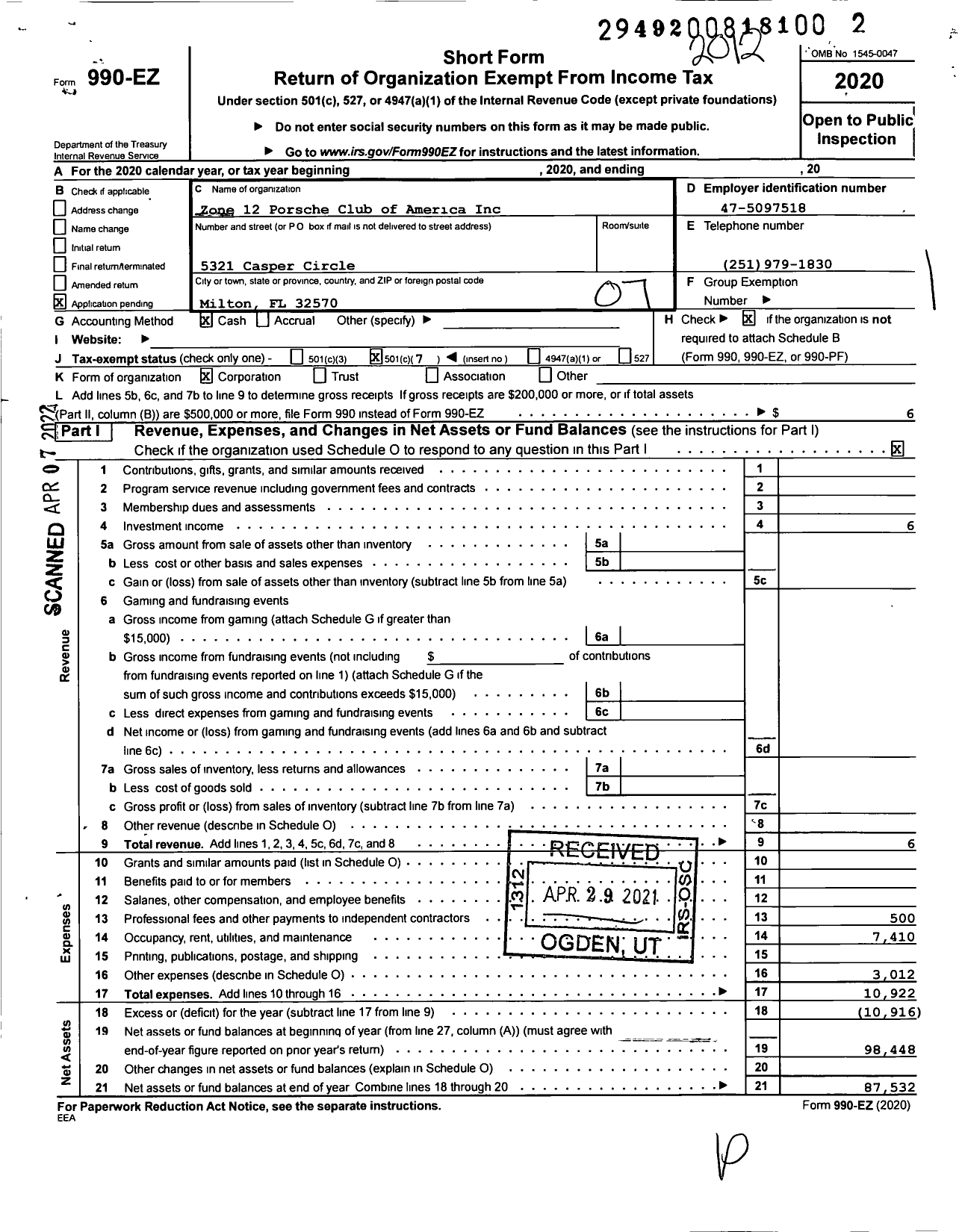 Image of first page of 2020 Form 990EO for Zone 12 Porsche Club of America