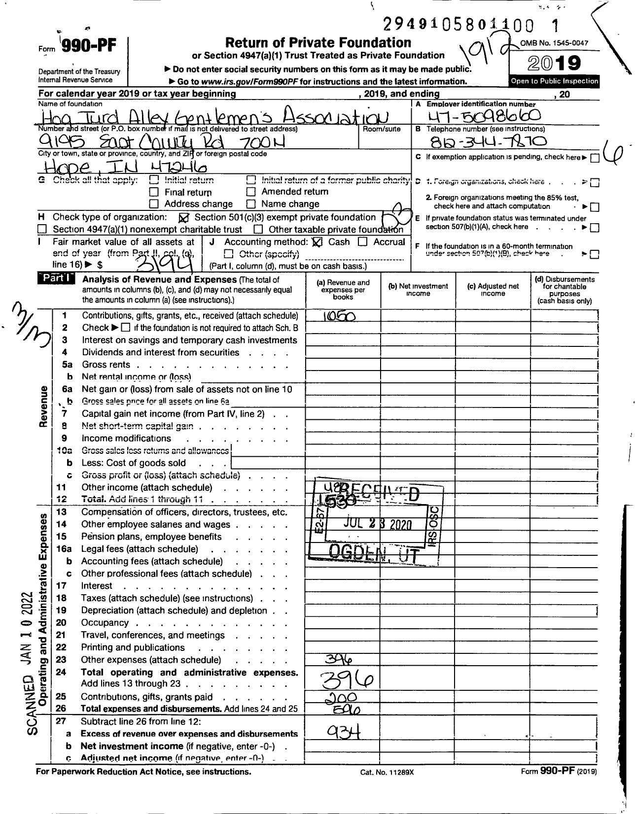 Image of first page of 2019 Form 990PF for Hog Turd Alley Gentlemen's Association