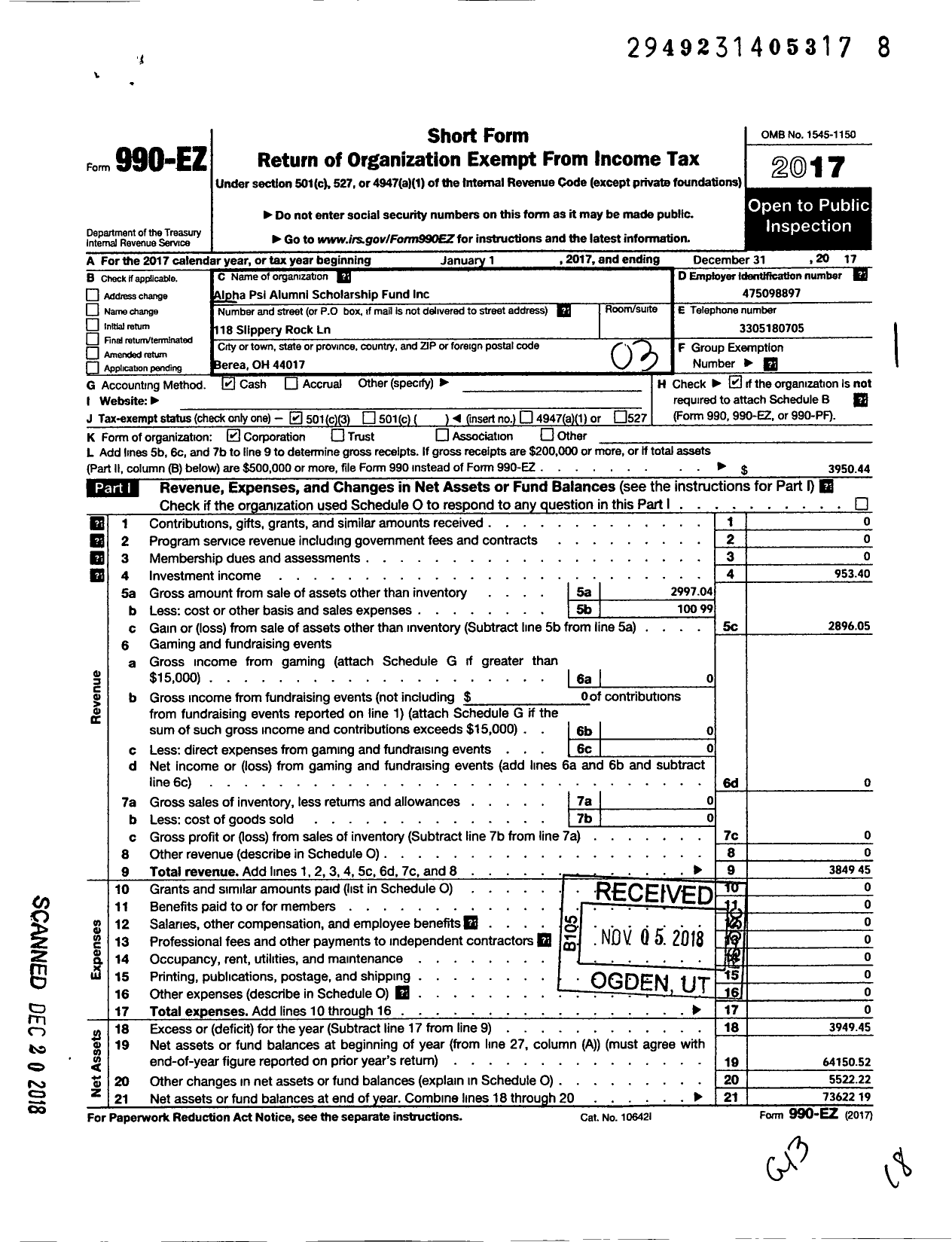 Image of first page of 2017 Form 990EZ for Alpha Psi Alumni Scholarship Fund