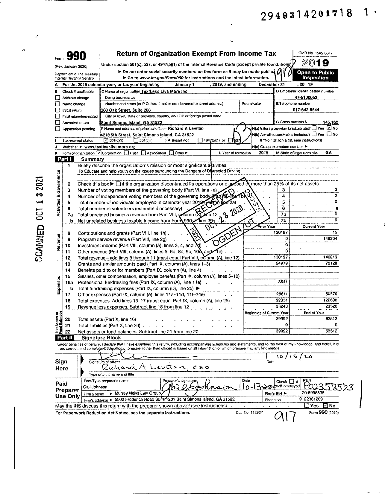 Image of first page of 2019 Form 990 for Textless Live More