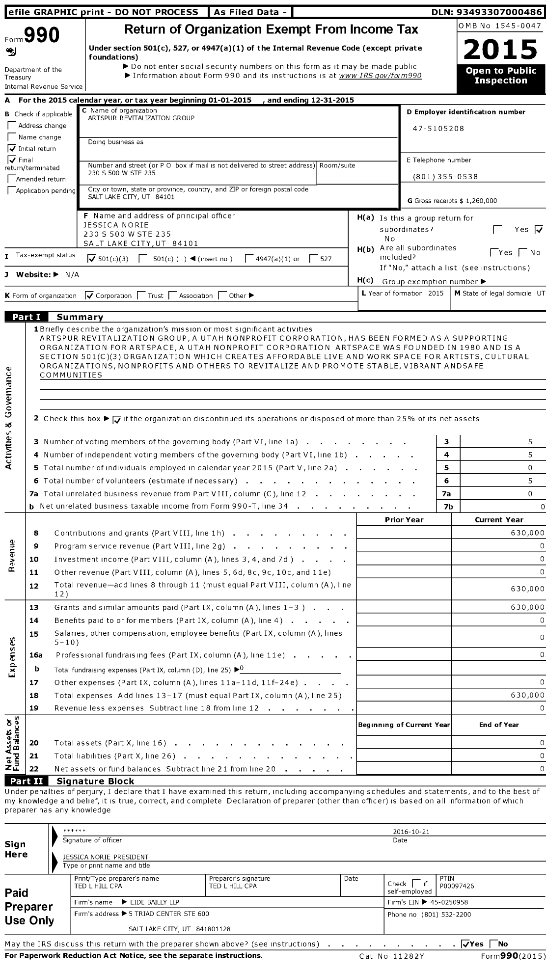 Image of first page of 2015 Form 990 for Artspur Revitalization Group