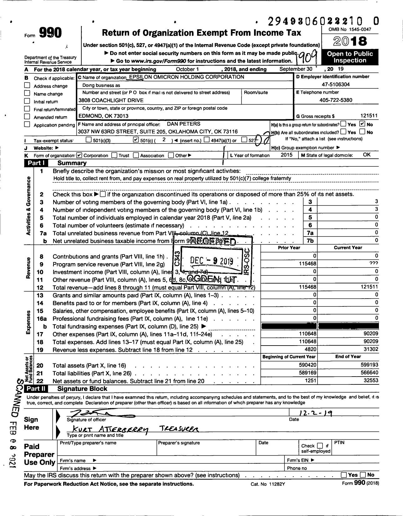 Image of first page of 2018 Form 990O for Epsilon Omicron Holding Corporation