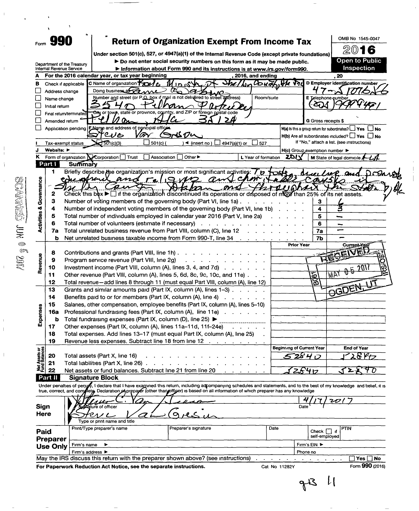 Image of first page of 2016 Form 990 for Rock Ministry of Shelby County Alabama