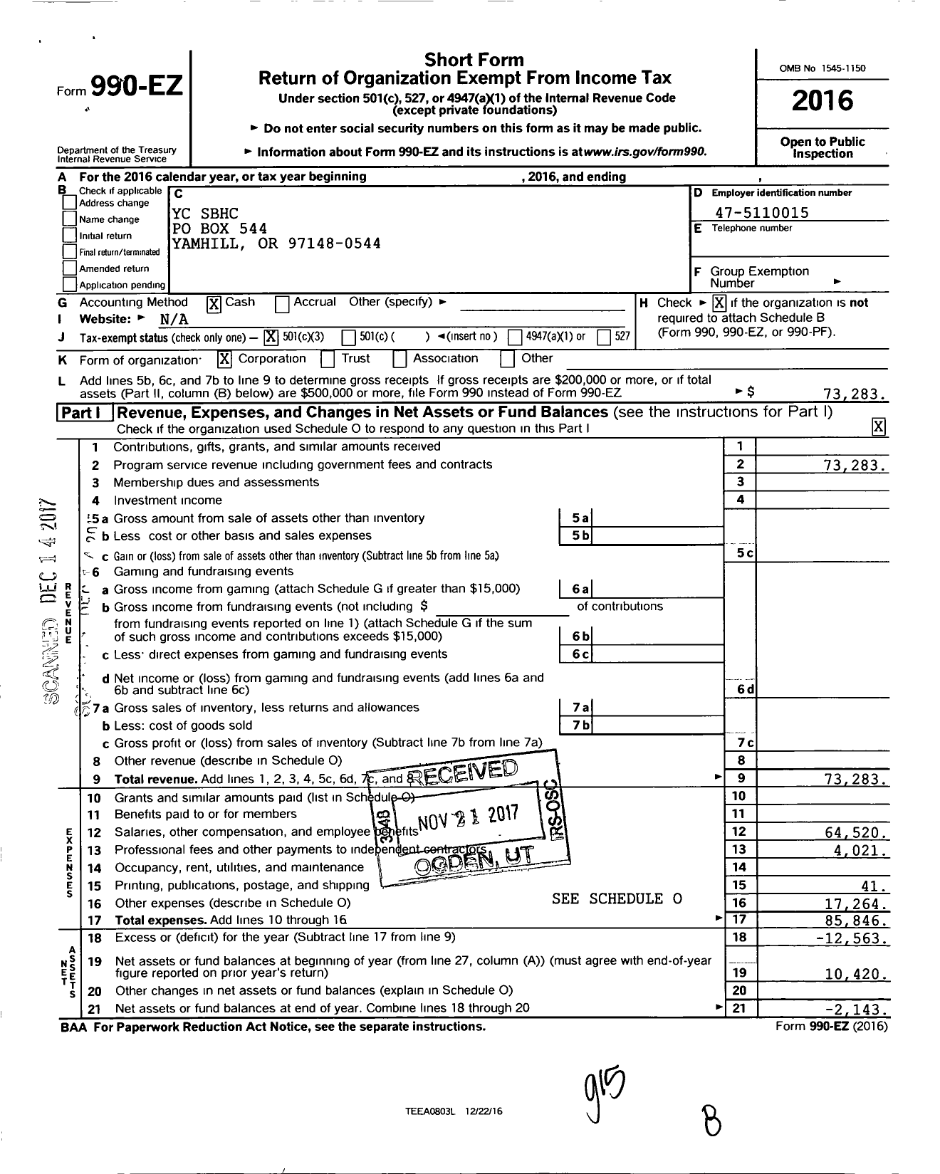 Image of first page of 2016 Form 990EZ for Yc SBHC