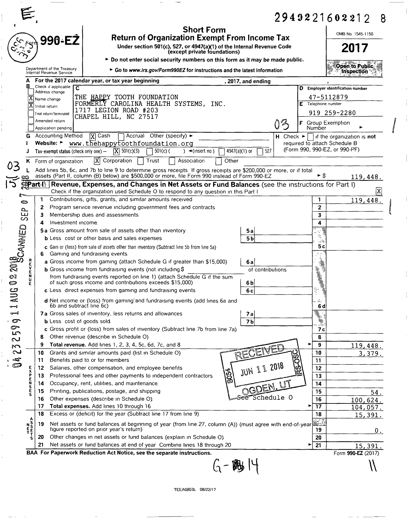 Image of first page of 2017 Form 990EZ for The Happy Tooth Foundation