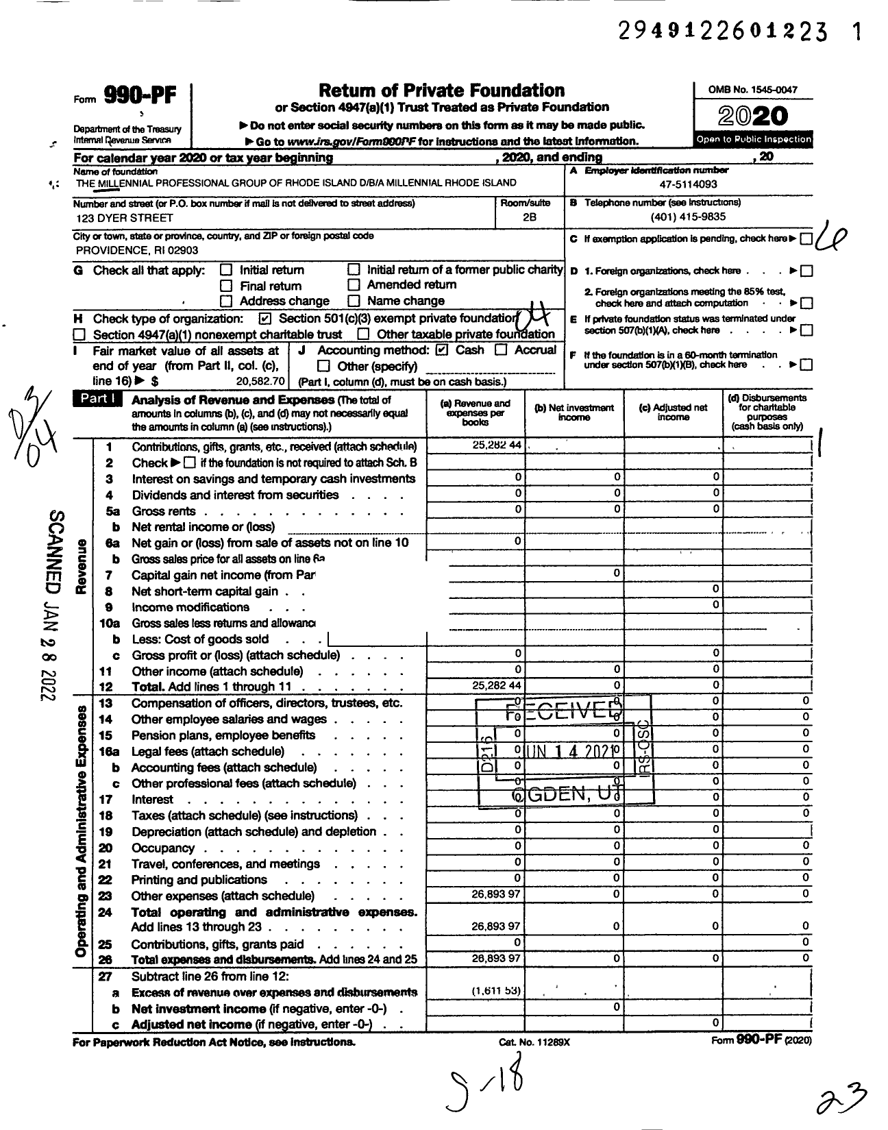 Image of first page of 2020 Form 990PF for Millennial Professional Group of RI