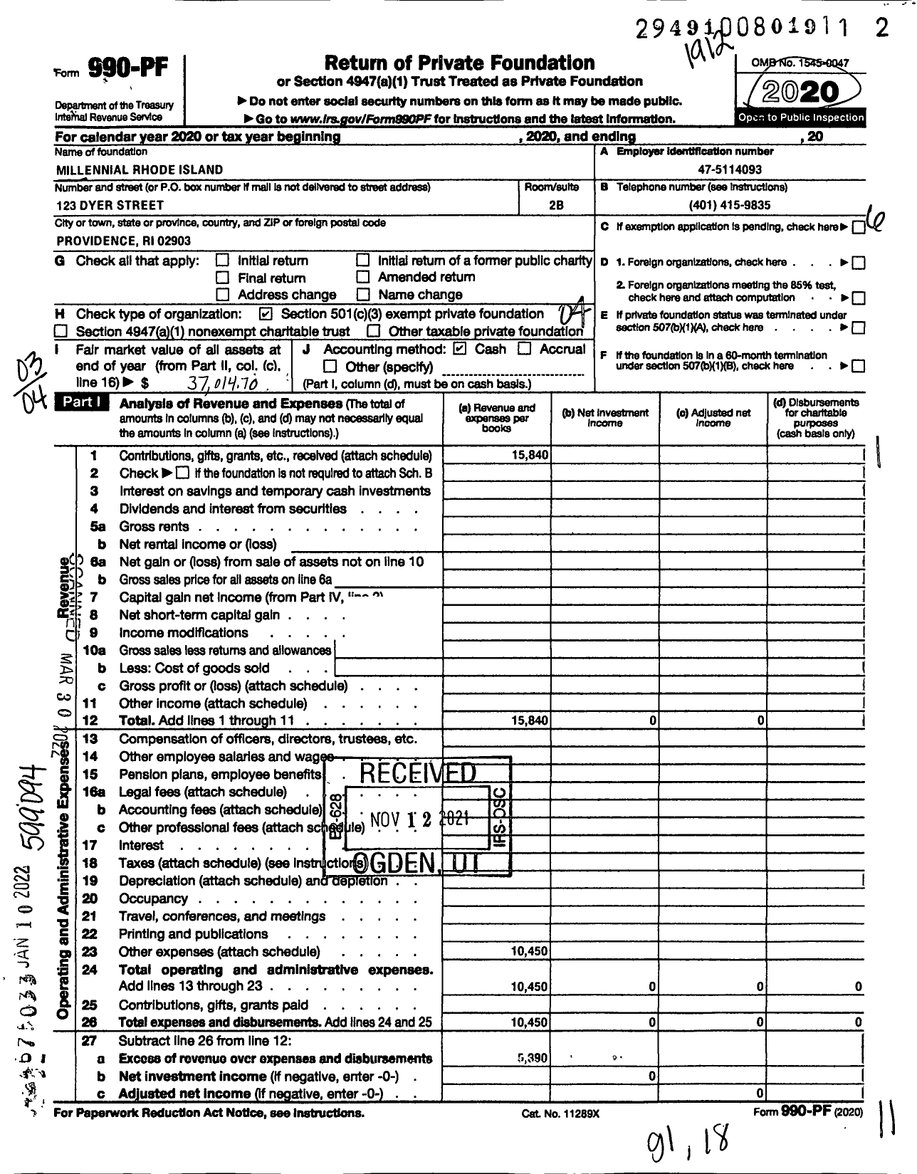 Image of first page of 2019 Form 990PF for Millennial Professional Group of RI