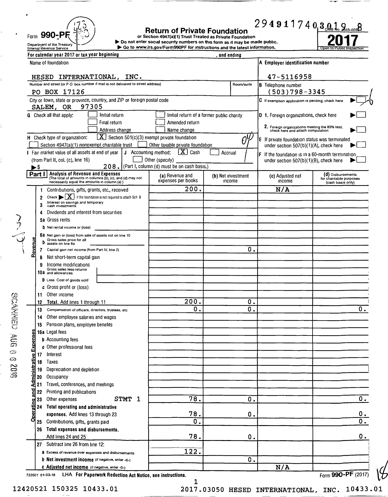 Image of first page of 2017 Form 990PF for Hesed International