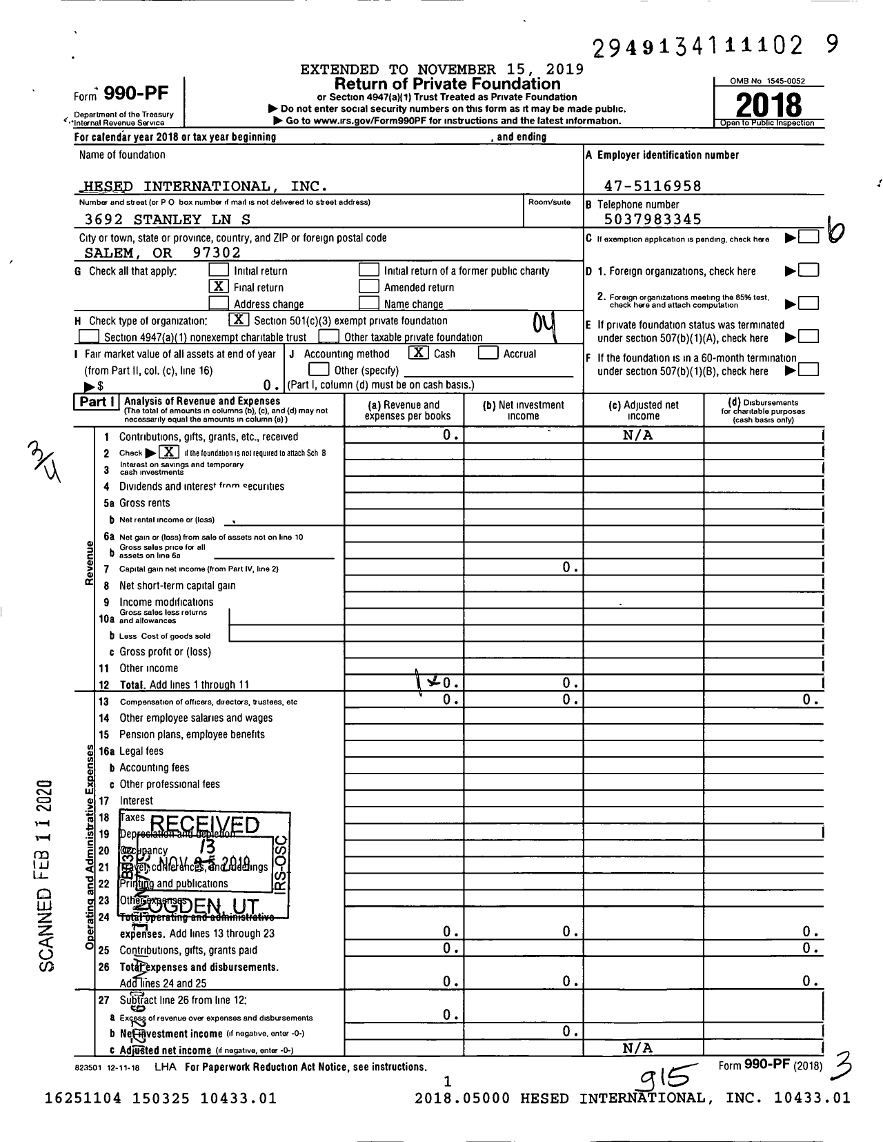 Image of first page of 2018 Form 990PF for Hesed International