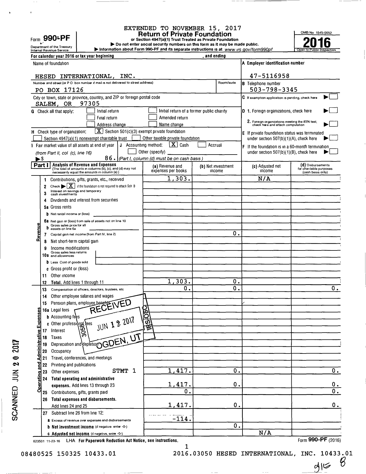 Image of first page of 2016 Form 990PF for Hesed International