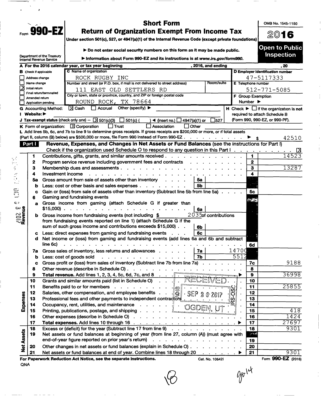 Image of first page of 2016 Form 990EZ for Rock Rugby