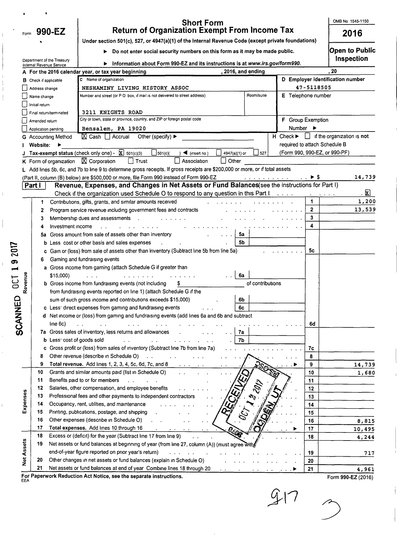 Image of first page of 2016 Form 990EZ for Neshaminy Living History Association