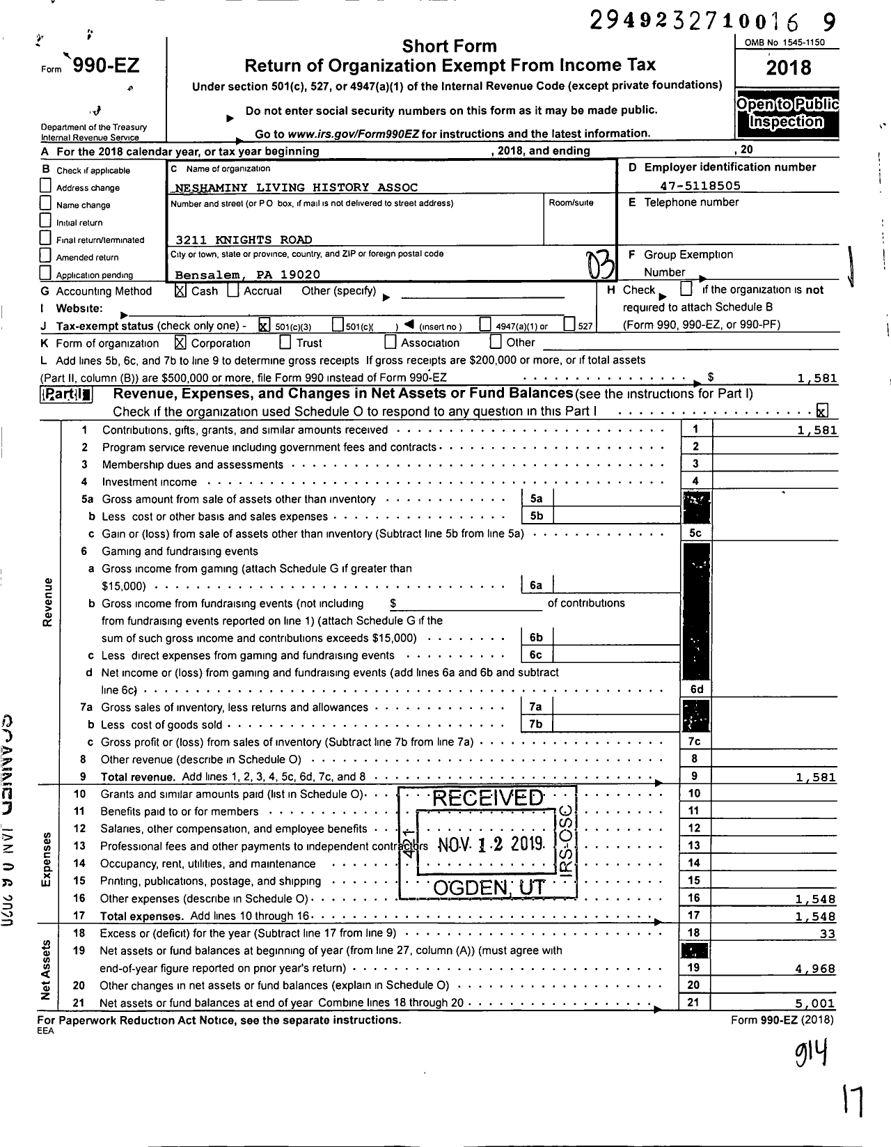 Image of first page of 2018 Form 990EZ for Neshaminy Living History Association