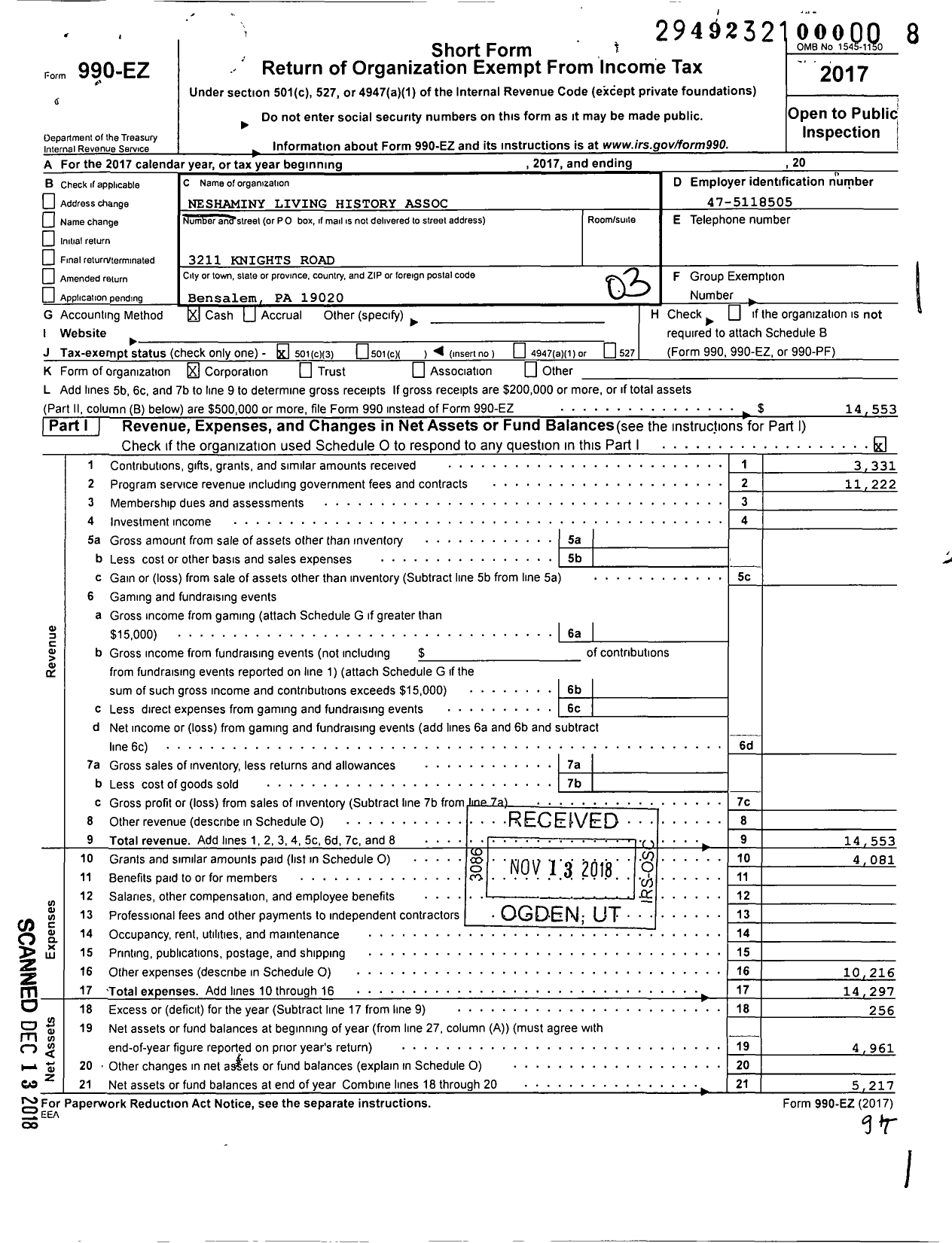 Image of first page of 2017 Form 990EZ for Neshaminy Living History Association