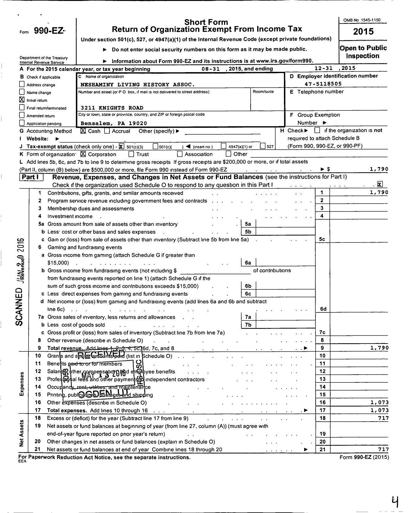 Image of first page of 2015 Form 990EZ for Neshaminy Living History Association