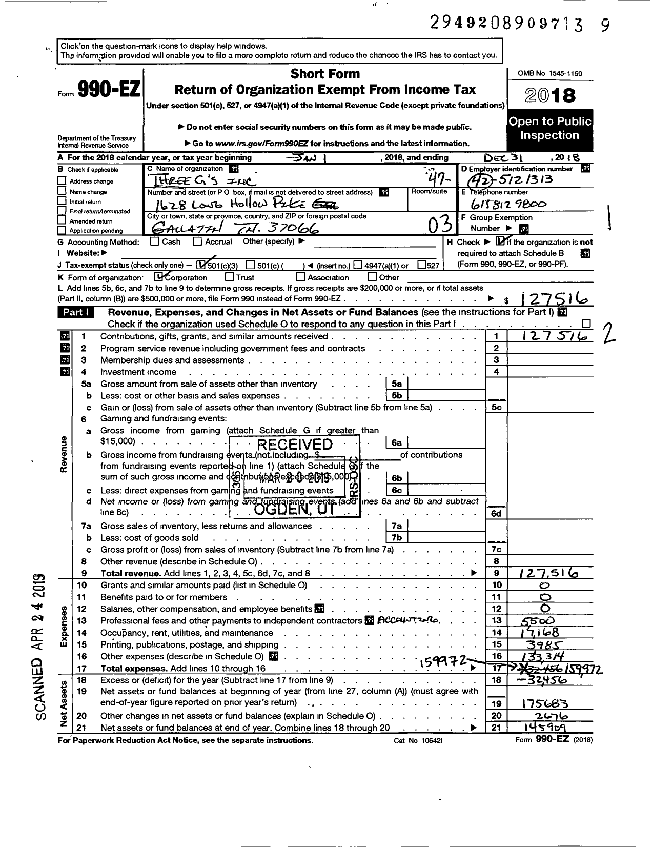 Image of first page of 2018 Form 990EZ for Three GS