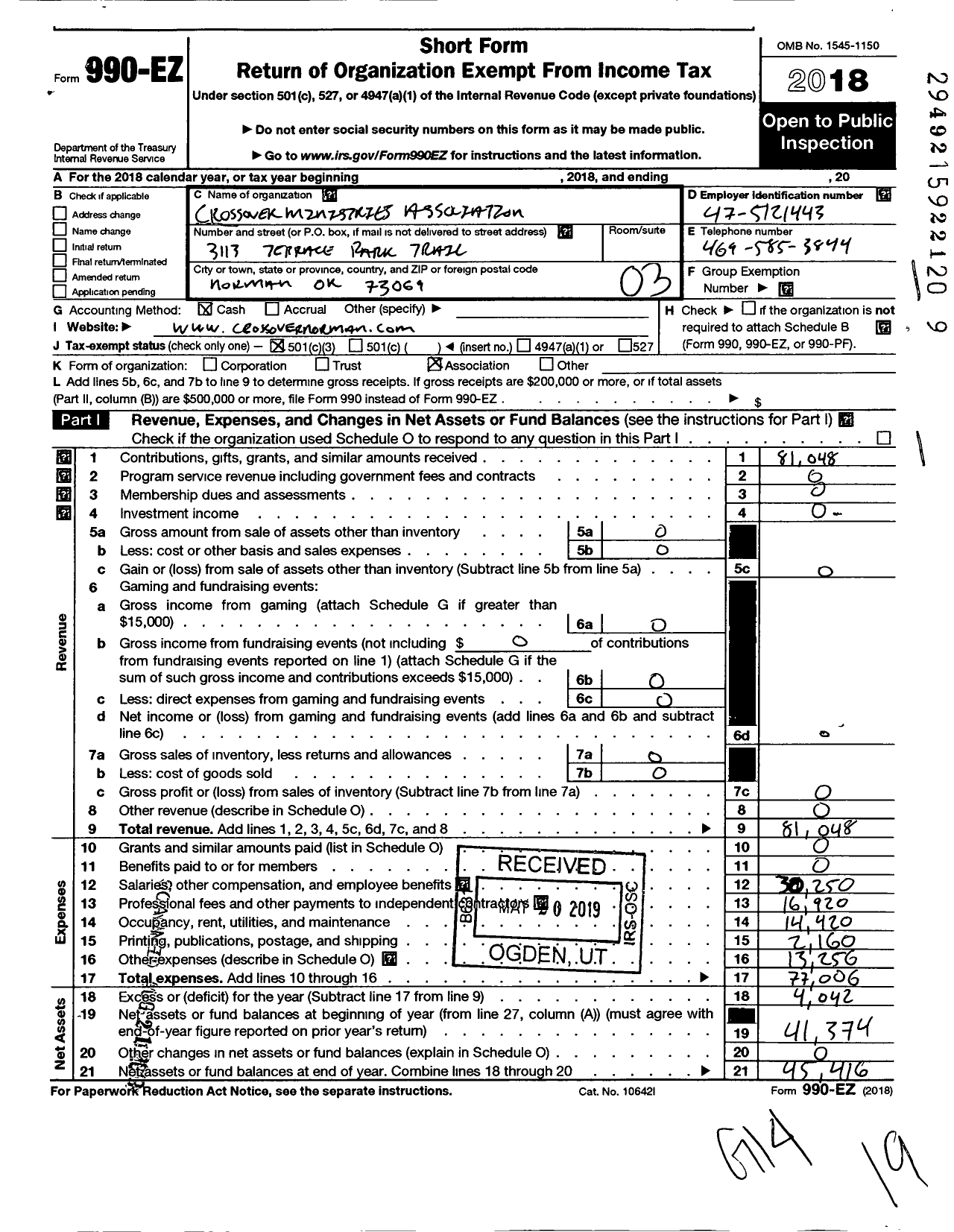 Image of first page of 2018 Form 990EZ for Crossover Ministry Association