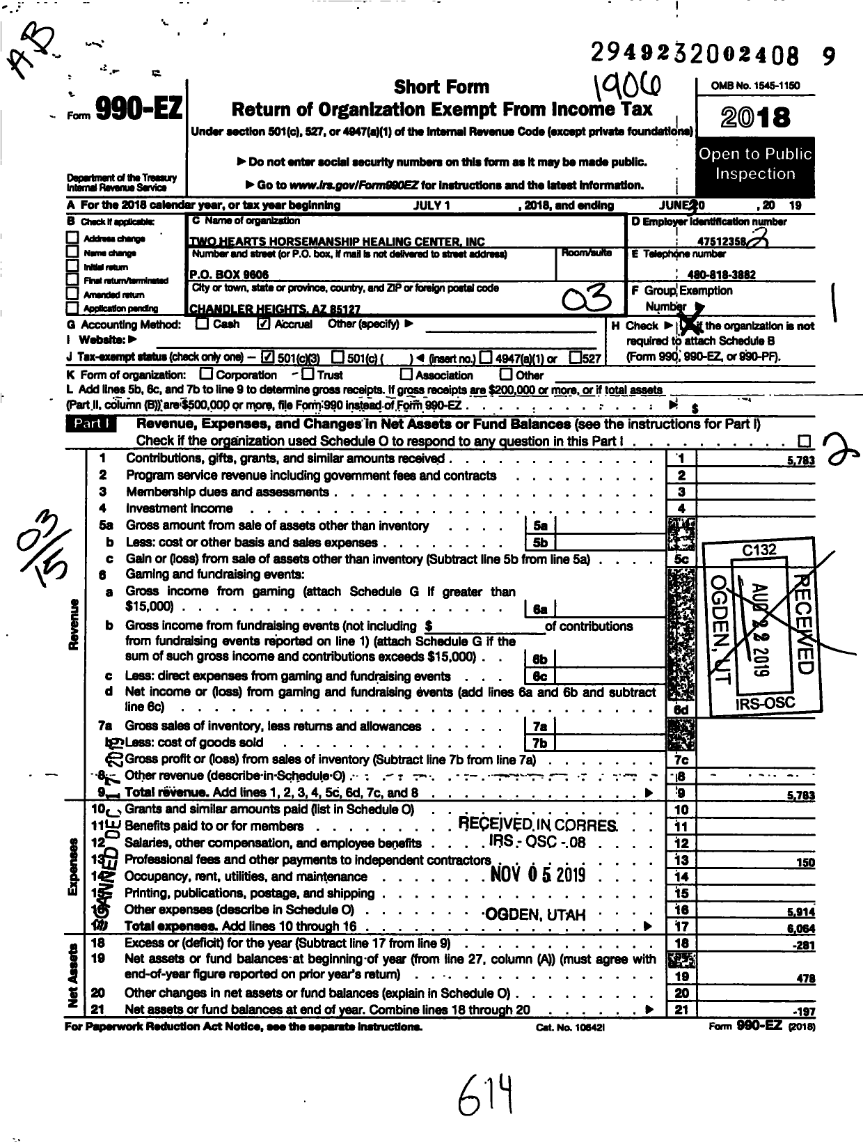 Image of first page of 2018 Form 990EZ for Two Hearts Horsemanship Healing Center