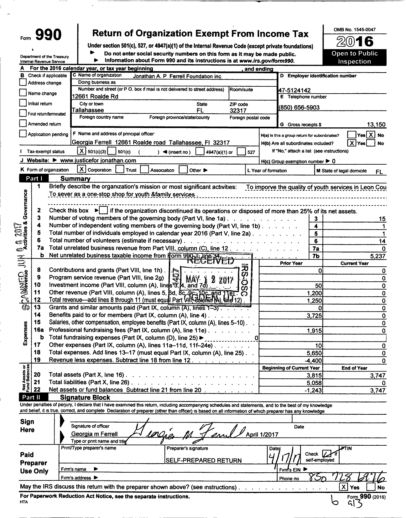 Image of first page of 2016 Form 990 for Jonathan A P Ferrell Foundation