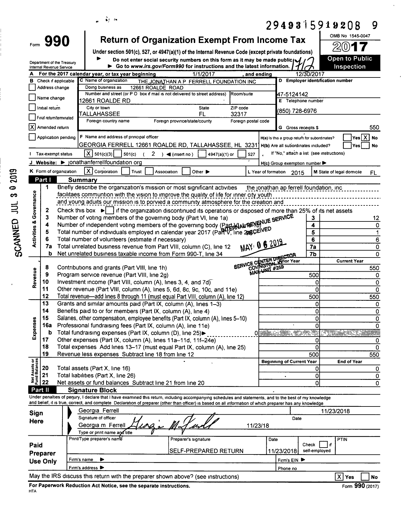 Image of first page of 2017 Form 990 for Jonathan A P Ferrell Foundation