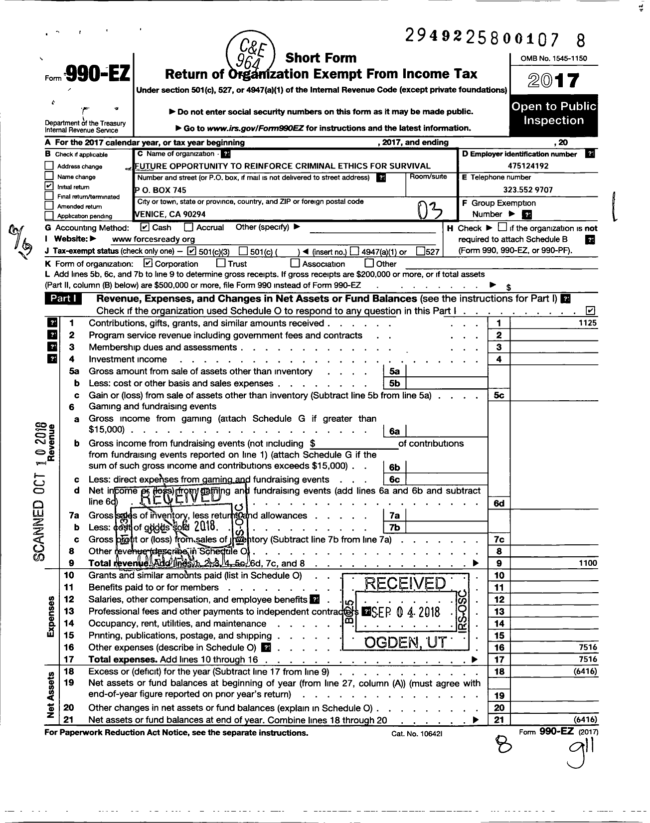 Image of first page of 2017 Form 990EZ for Forces Future Opportunity To Reinforce Criminal Ethics for