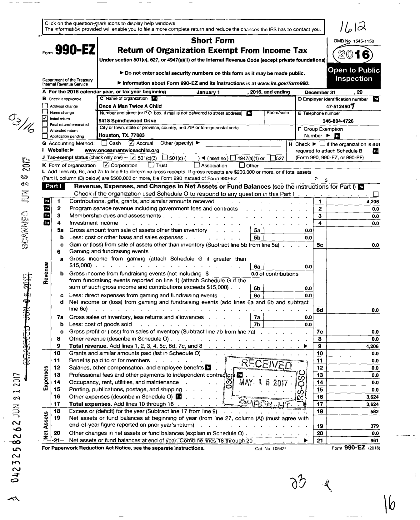 Image of first page of 2016 Form 990EZ for Once A Man Twice A Child