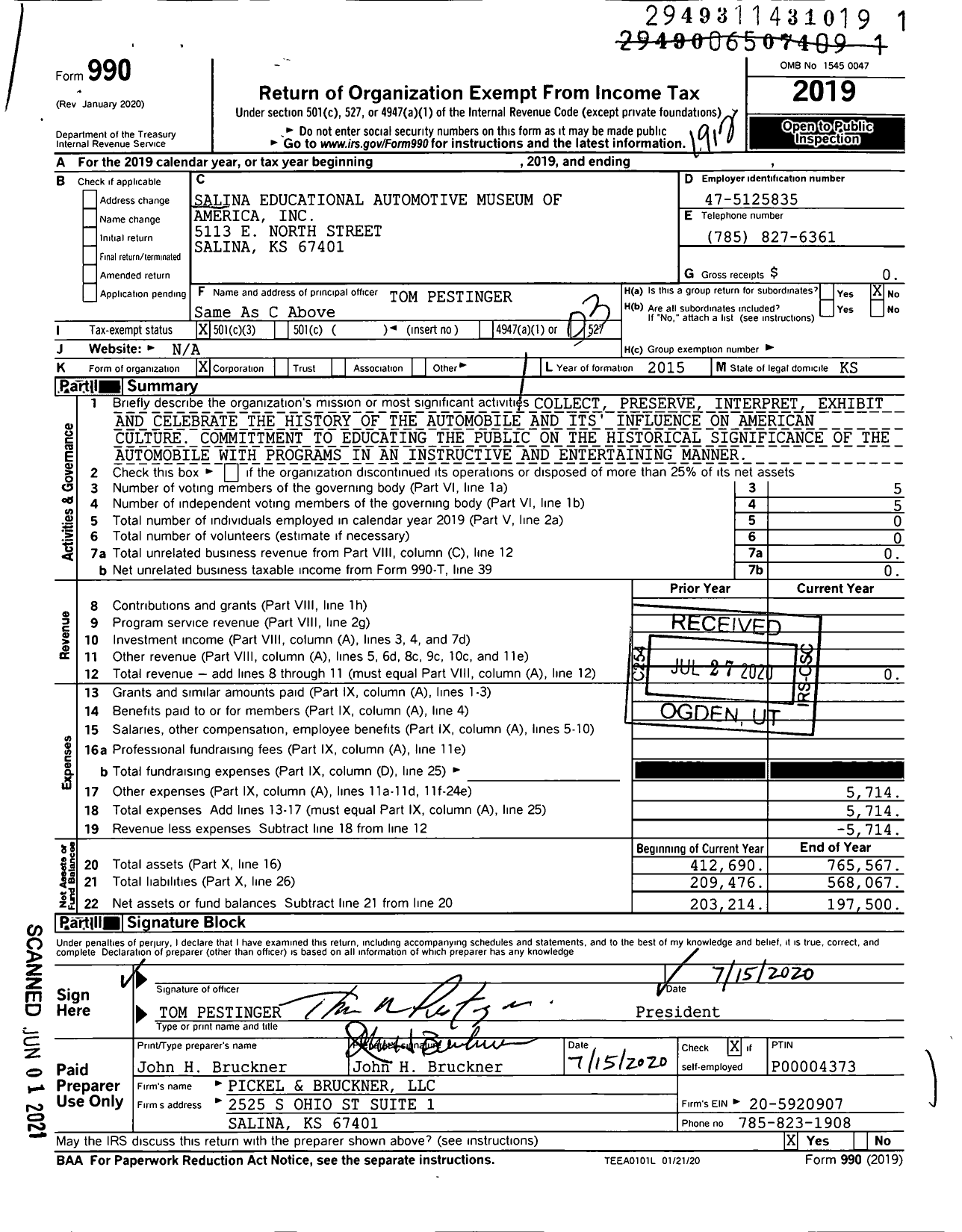 Image of first page of 2019 Form 990 for Salina Educational Automotive Museum of America