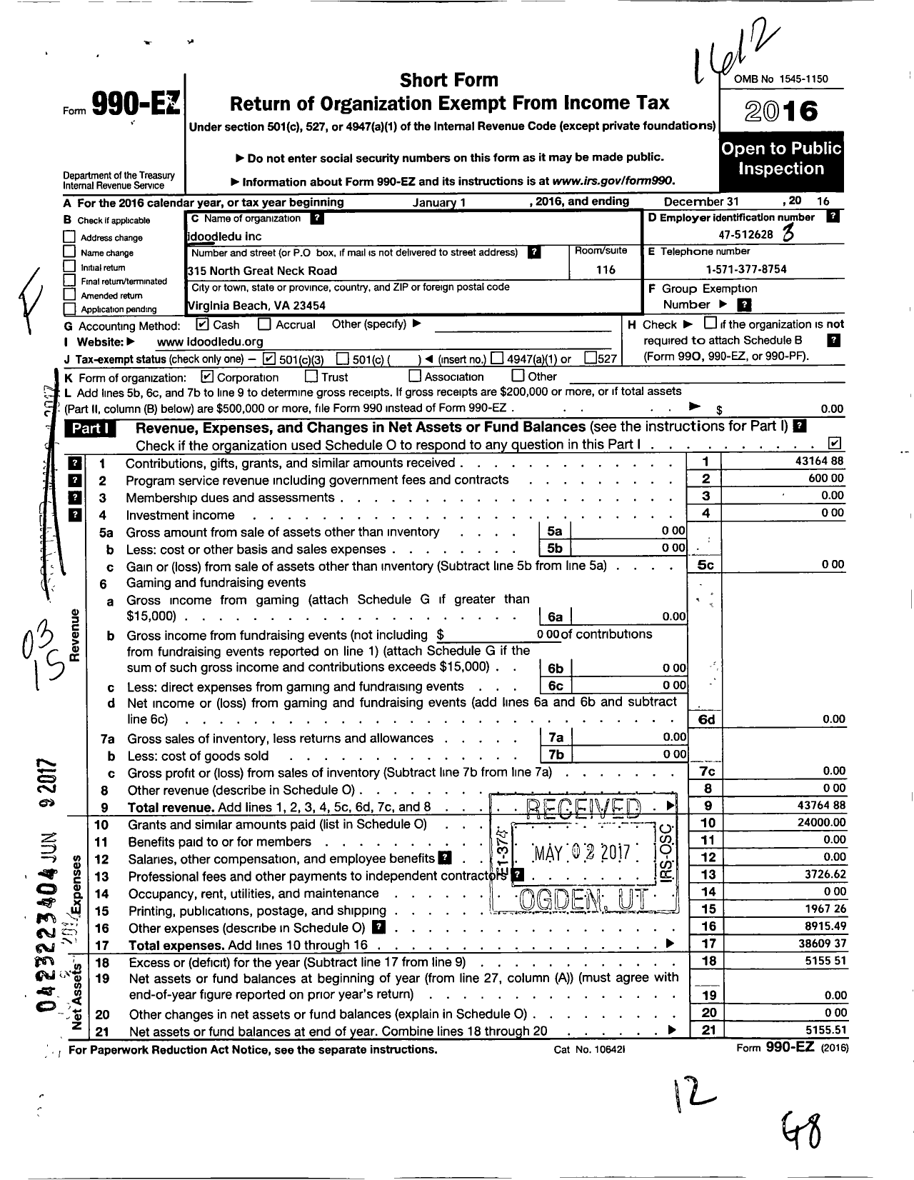 Image of first page of 2016 Form 990EZ for Idoodledu