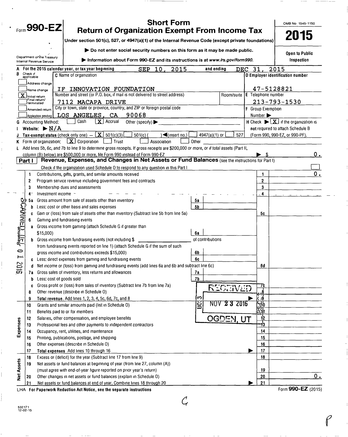 Image of first page of 2015 Form 990EZ for If Innovation Foundation