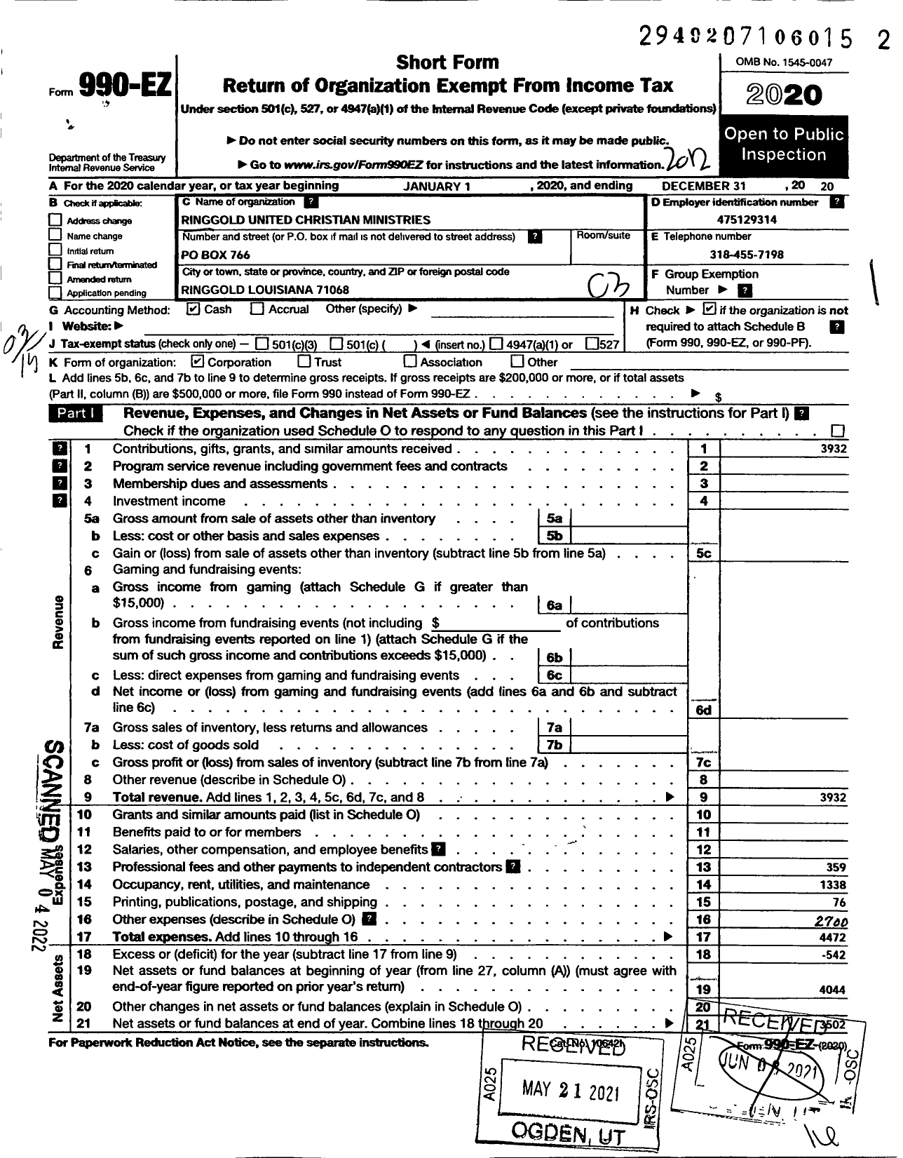 Image of first page of 2020 Form 990EZ for Ringgold United Christian Ministries