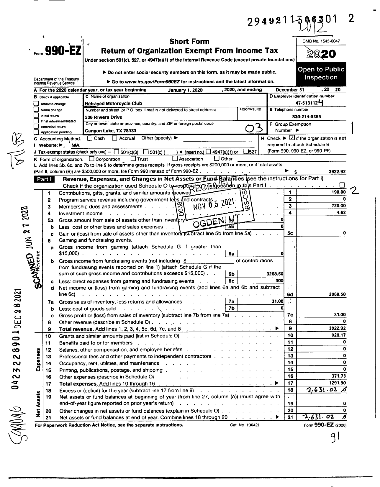 Image of first page of 2020 Form 990EZ for Betrayed MC