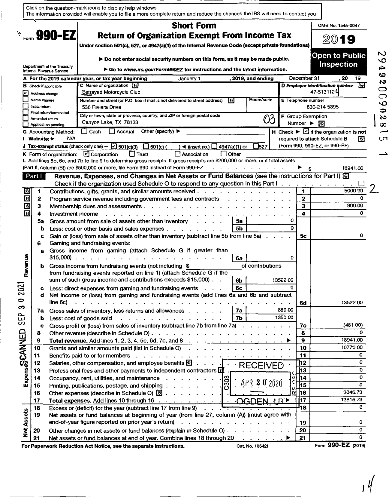 Image of first page of 2019 Form 990EZ for Betrayed MC